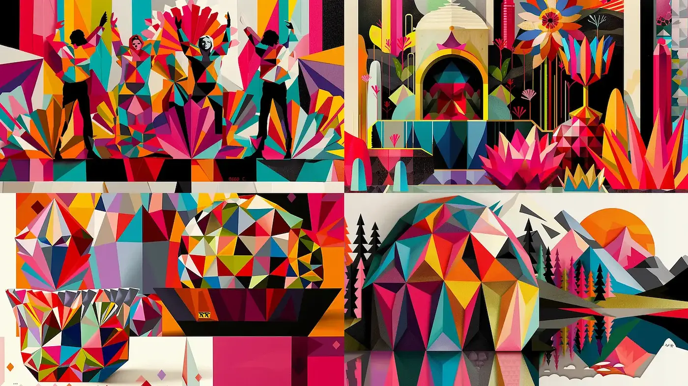Vibrant geometric landscapes and figures in a kaleidoscopic style - Midjourney sref style