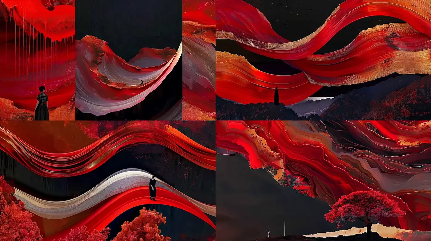 Dynamic interplay of fluid forms and emotional landscapes - Midjourney sref style