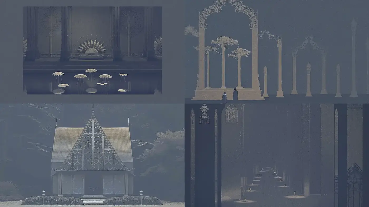 Elegant and Ethereal Architectural Dreamscape with Subtle Harmonies - Midjourney sref style