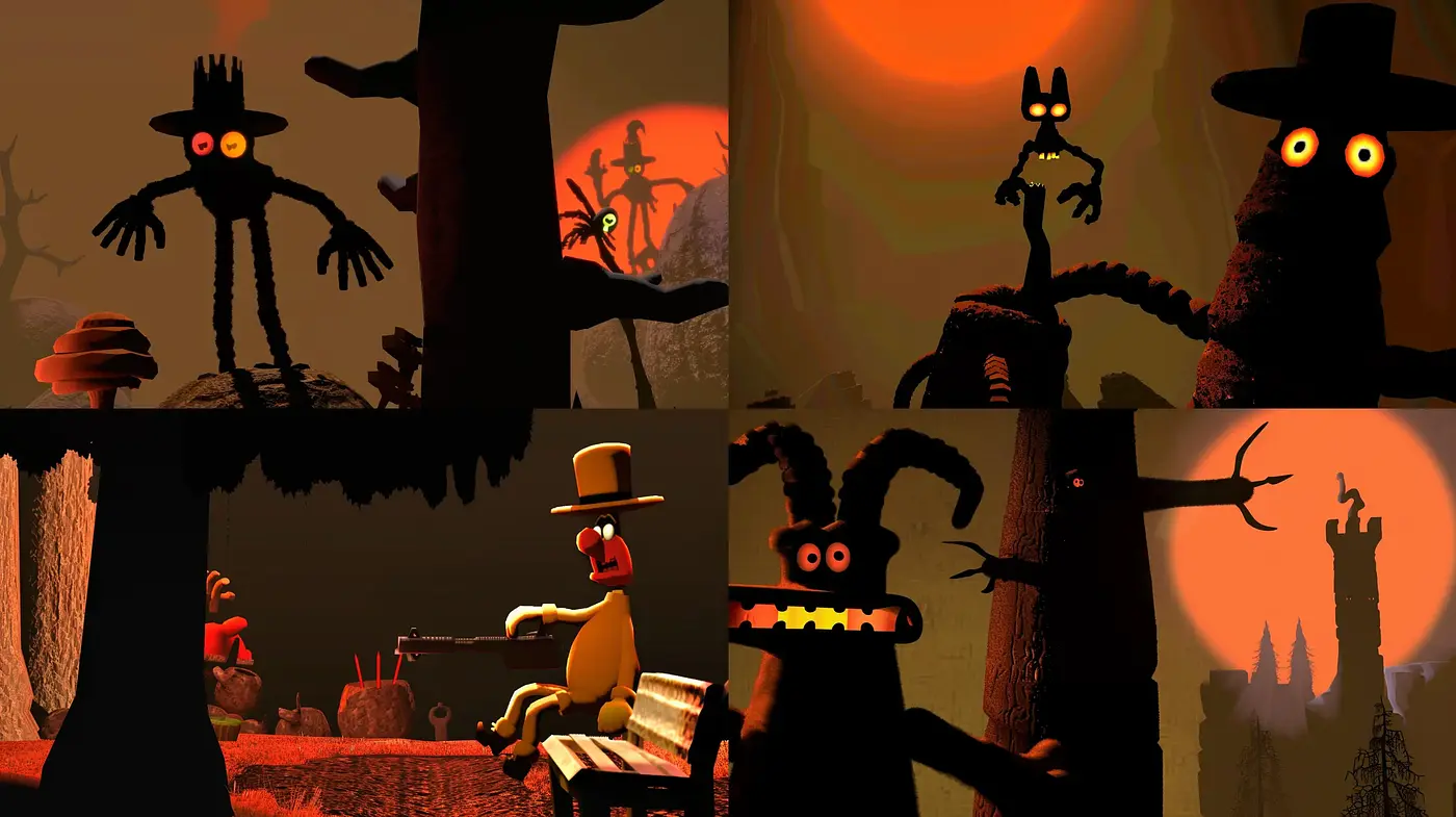 Surreal Twilight Silhouettes with Vivid Oranges and Menacing Undertones - Midjourney sref style