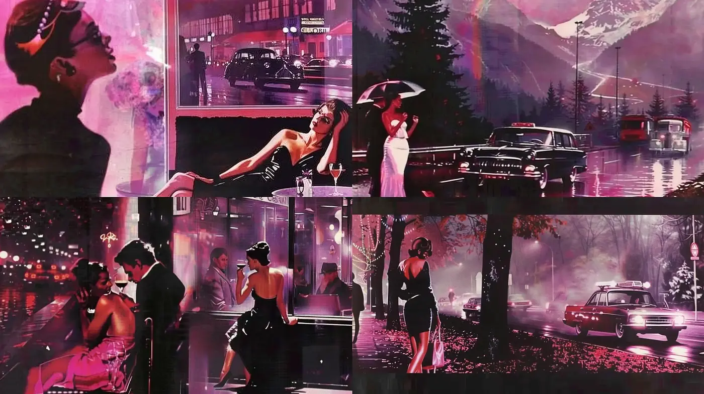 Noir Romance: A Cinematic Fusion of Vintage Glamour and Mysterious Ambiance - Midjourney sref style