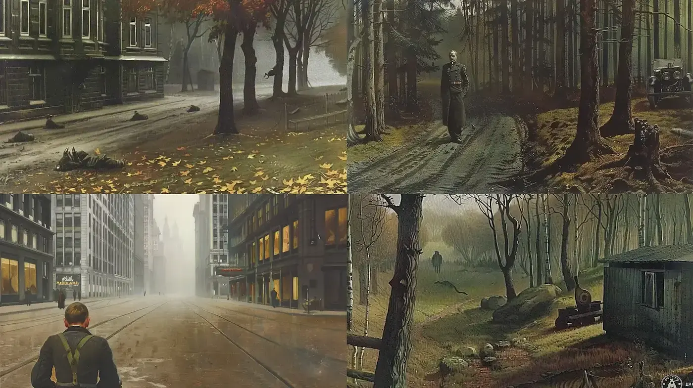 Mysterious urban landscapes with a melancholic ambiance - Midjourney sref style