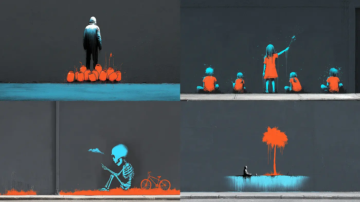 Contemporary Urban Street Art with a Touch of Surrealism and Social Commentary - Midjourney sref style