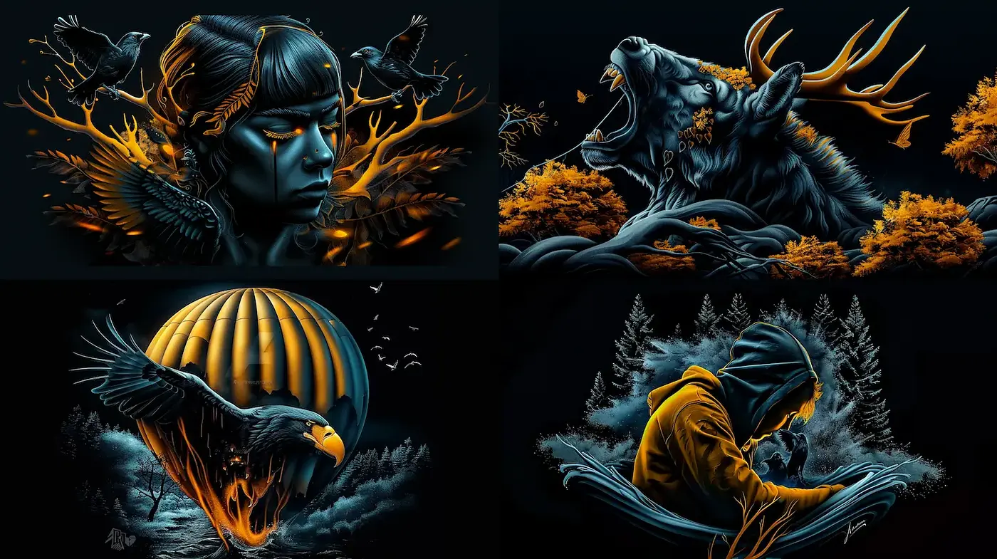 Dynamic Illustrative Style with Dark and Vivid Contrasts - Midjourney sref style