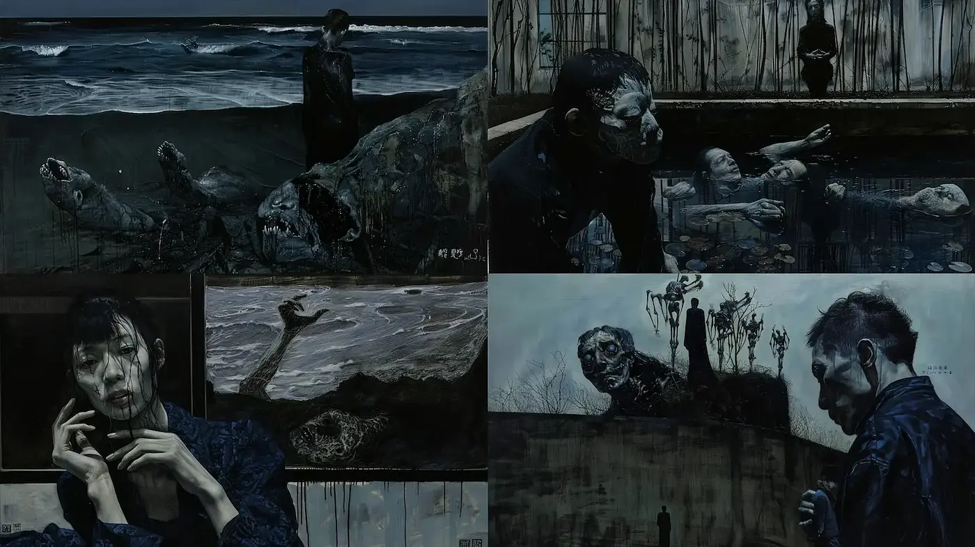 Dark and Haunting Atmosphere with Surreal and Somber Elements - Midjourney sref style
