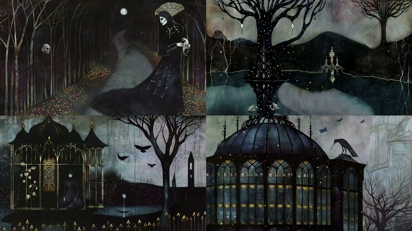 Gothic Enchantment: A Darkly Whimsical Visual Narrative - Midjourney sref style