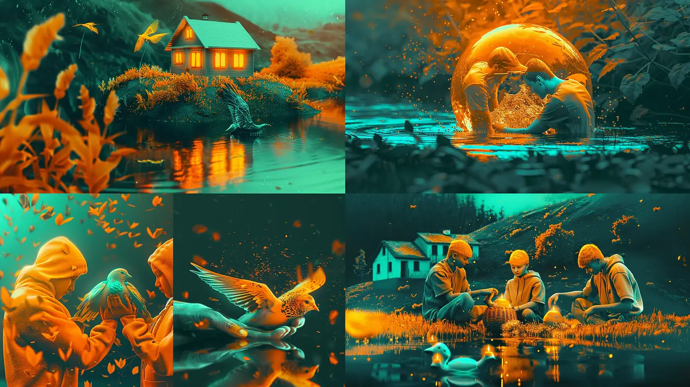 Vivid Monochromatic Dreamscape in Turquoise and Orange Hues - Midjourney sref style