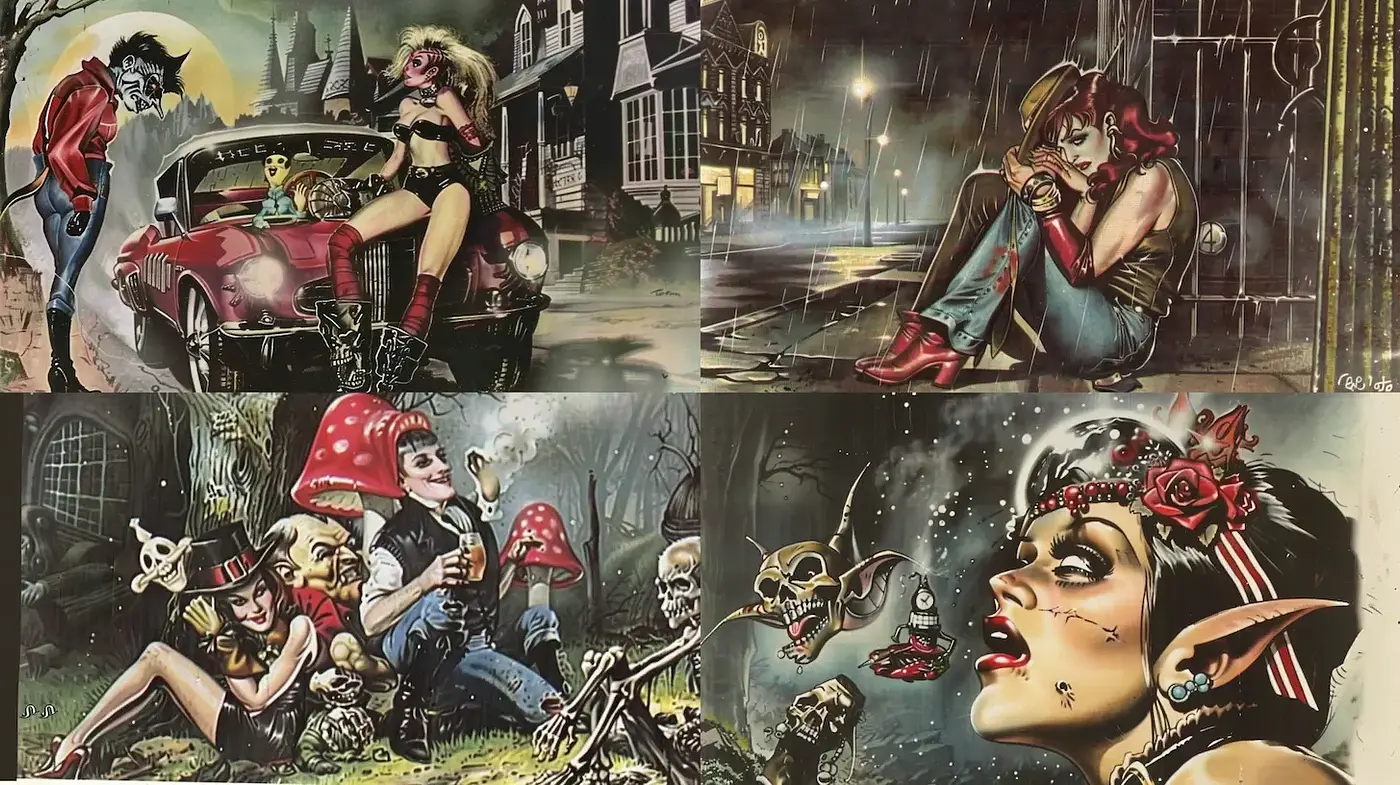 Gothic Yet Playful Illustrations with a Retro Vibe - Midjourney sref style