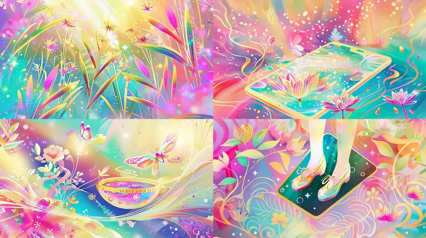Vibrant and Ethereal Dreamscape with Floral Elements - Midjourney sref style