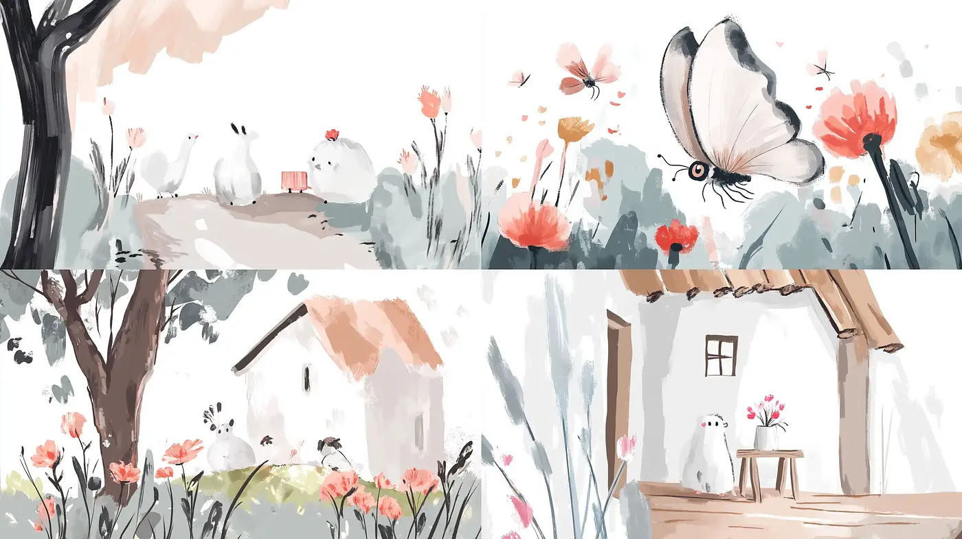 Serene Watercolor Countryside: A Washed Palette of Delicate Pastels - Midjourney sref style
