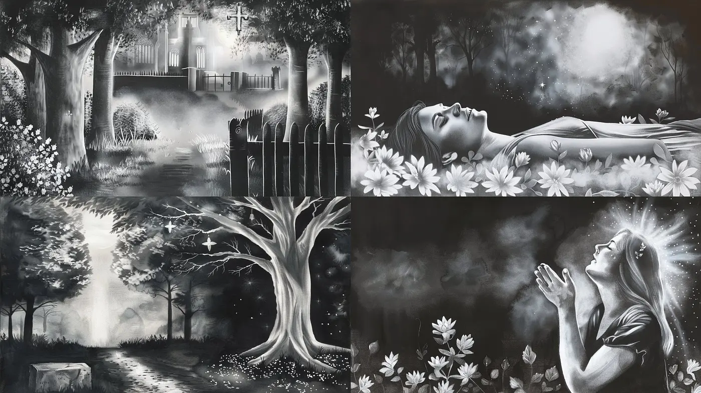 Monochromatic Dreamscapes: Textured Shades of Grey and Luminous Vignettes - Midjourney sref style