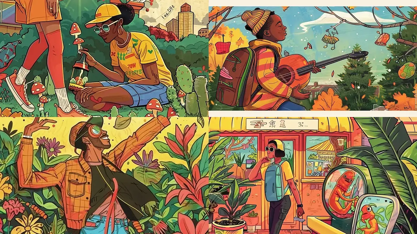 Vibrant and Playful Urban Illustrations Inspired by Nature and Community - Midjourney sref style