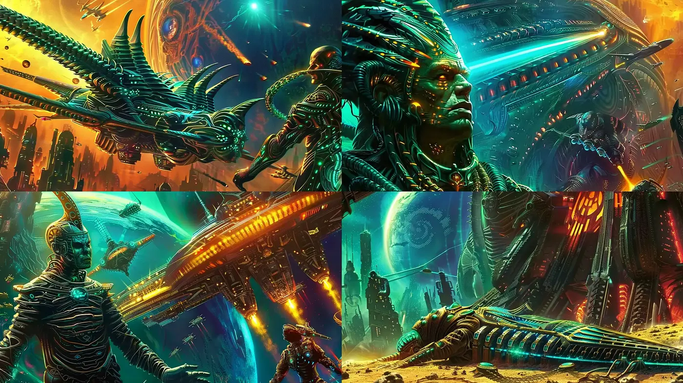 Futuristic Mythos Fusion with Vibrant Sci-fi Palette - Midjourney sref style