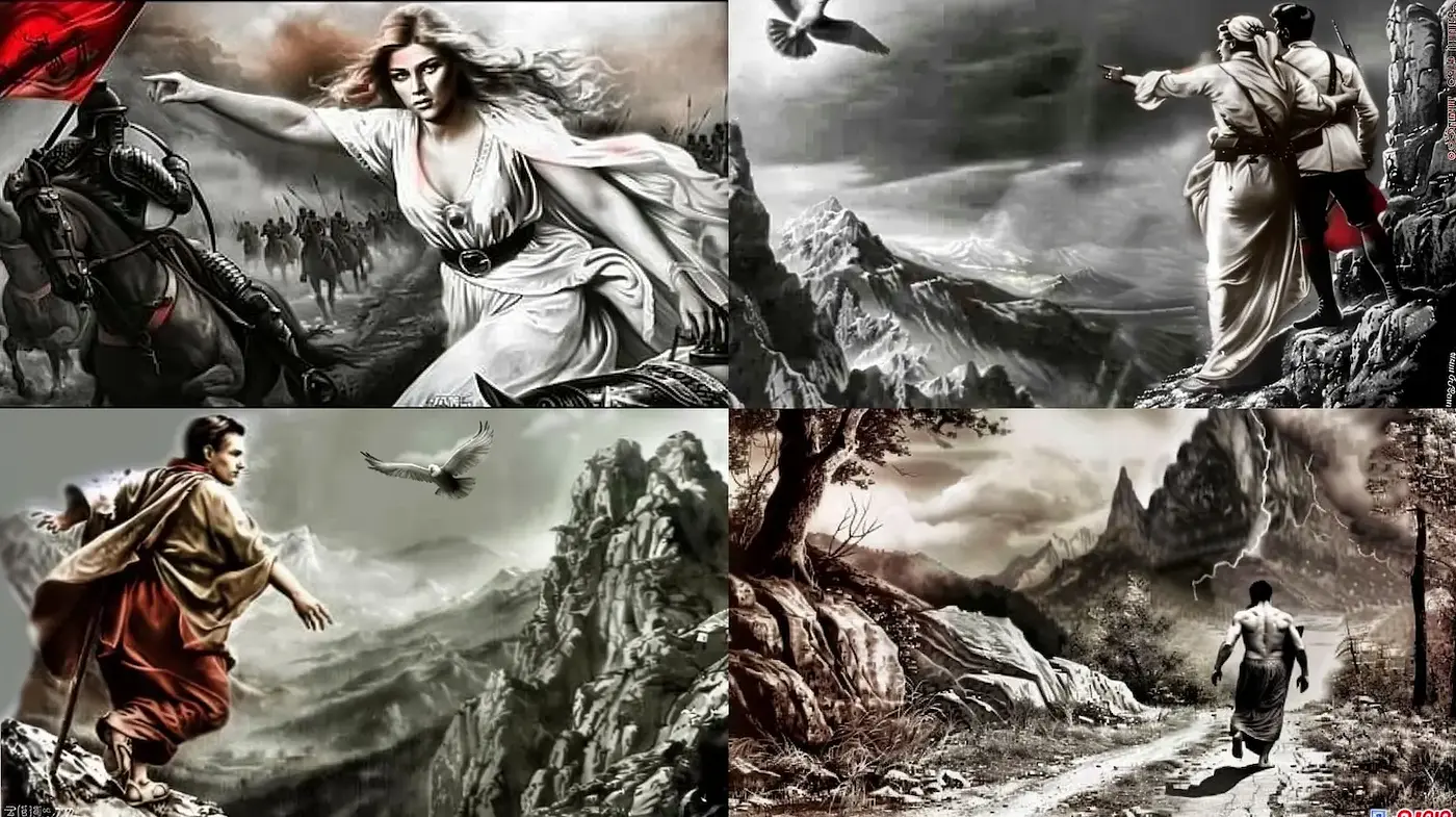 Epic and Dramatic Mythological Art with a Monochromatic Palette - Midjourney sref style