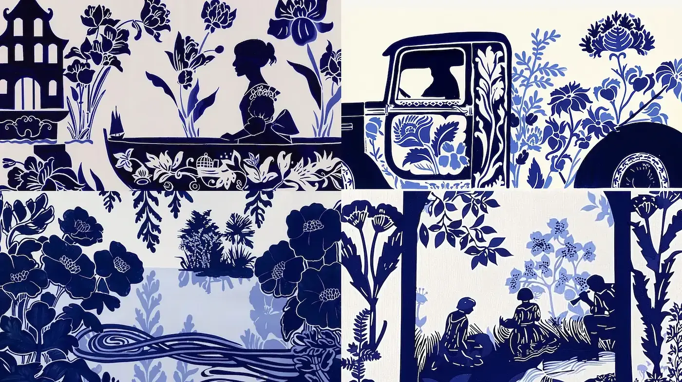Blue and White Narrative-Laden Aesthetic with Floral Motifs - Midjourney sref style