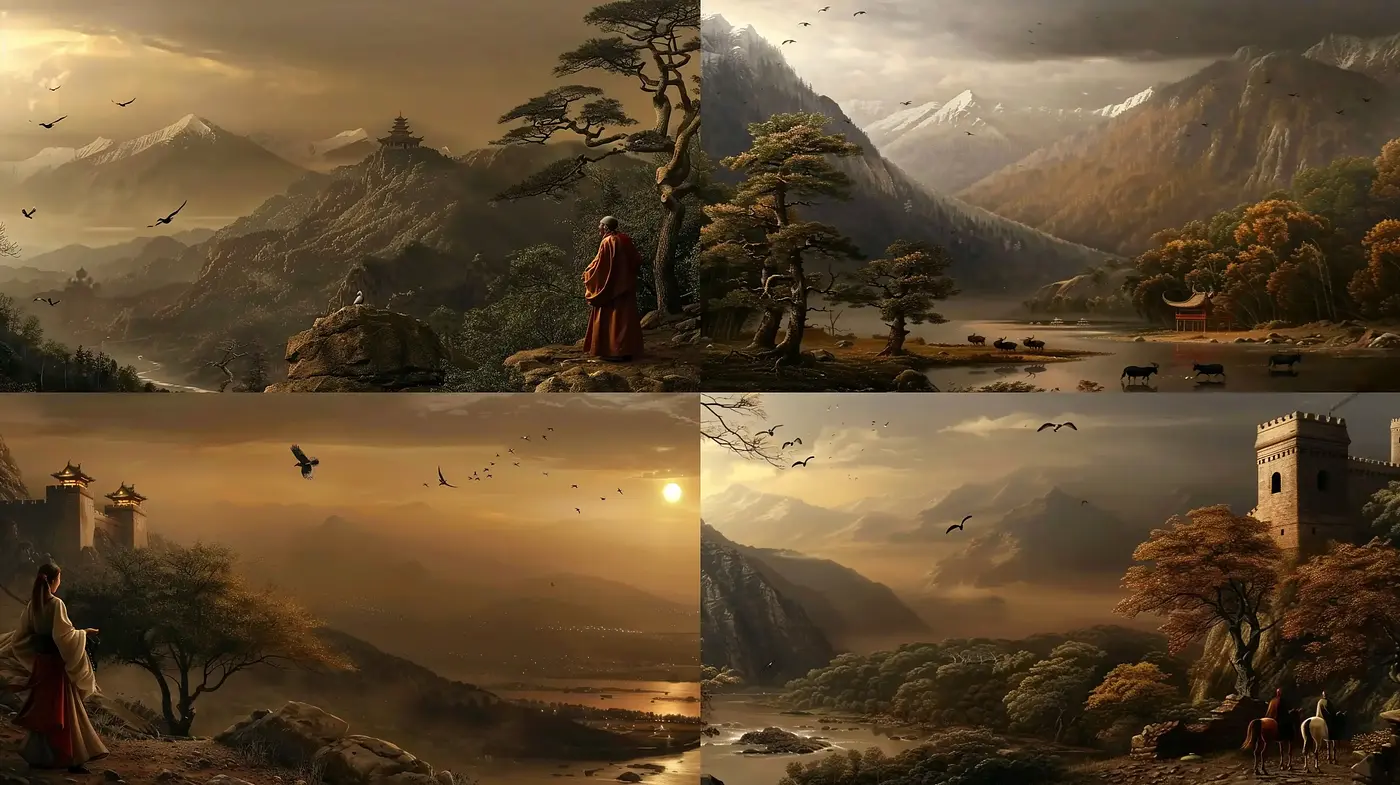 Ethereal Dawn Light in Pastoral Landscapes - Midjourney sref style