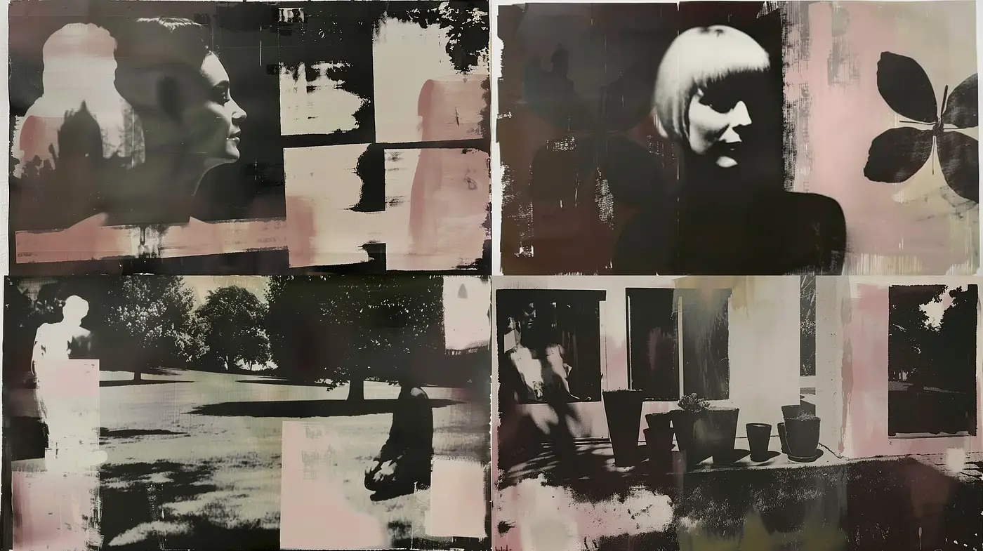 Abstract Expressionist Montage in Dusty Rose and Charcoal - Midjourney sref style
