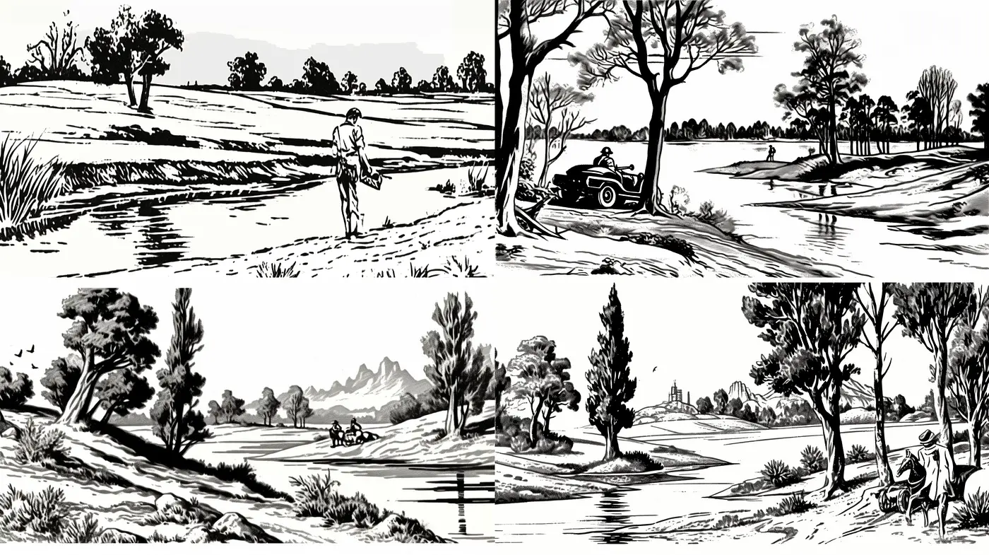 Monochromatic Elegance: A Harmonious Blend of Nostalgic Serenity and Graphic Novel Aesthetics - Midjourney sref style