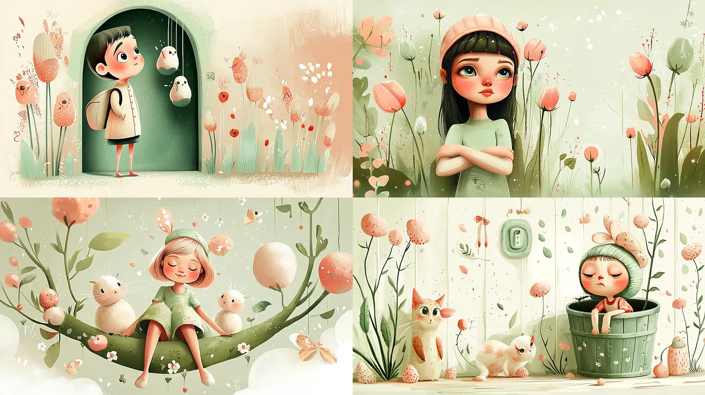 Whimsical Storybook Illustrations with Pastel Botanical Imagery - Midjourney sref style
