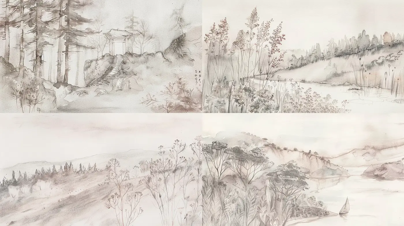 Serenely Sketched Nature: A Harmonious Blend of Monochrome Landscape Vignettes - Midjourney sref style