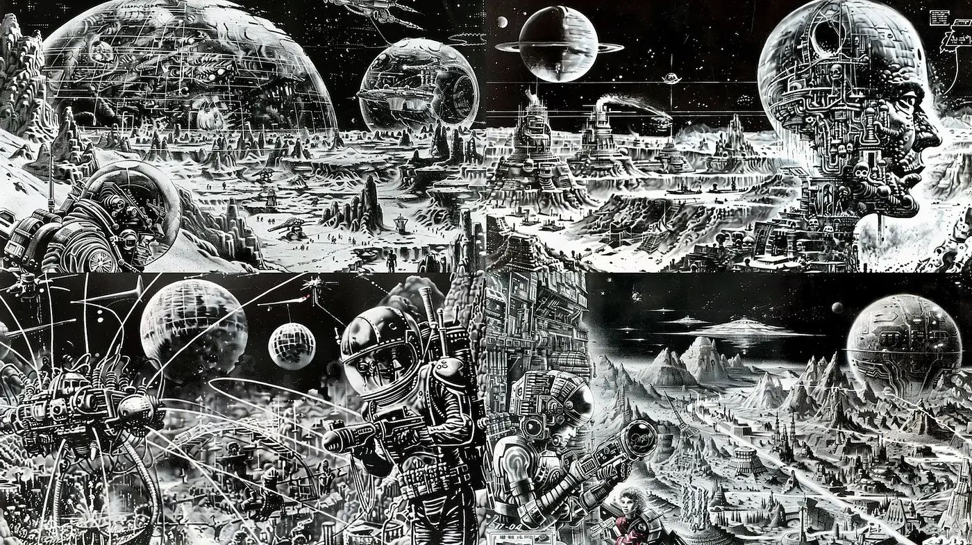 Futuristic Cosmic Landscapes with Intricate Details and Surreal Elements - Midjourney sref style