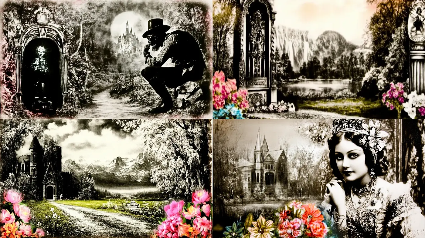 Romanticized Pastoral and Vintage Noir Fusion - Midjourney sref style