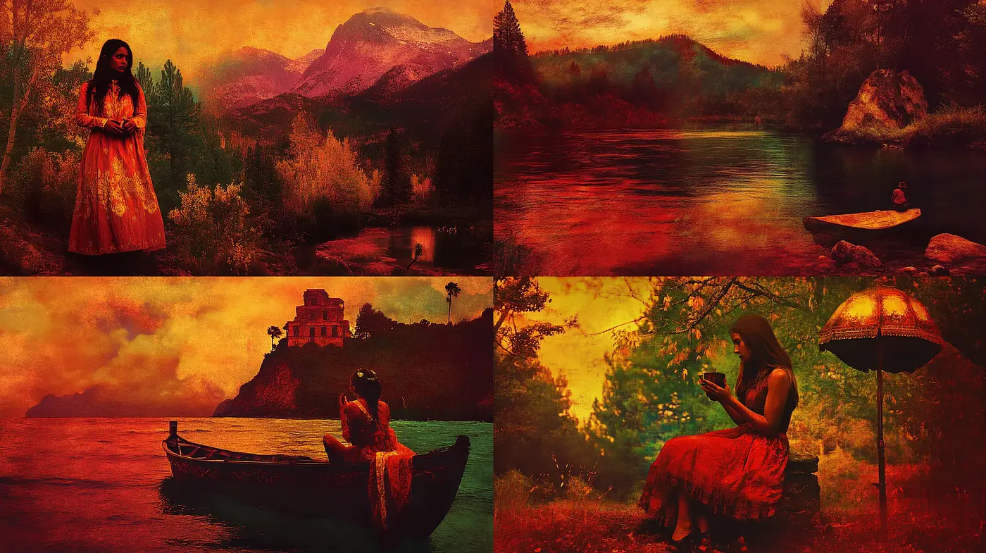 Enigmatic Amber Twilight: A Cohesive Study in Burnt Sienna Tones and Romantic Vistas - Midjourney sref style