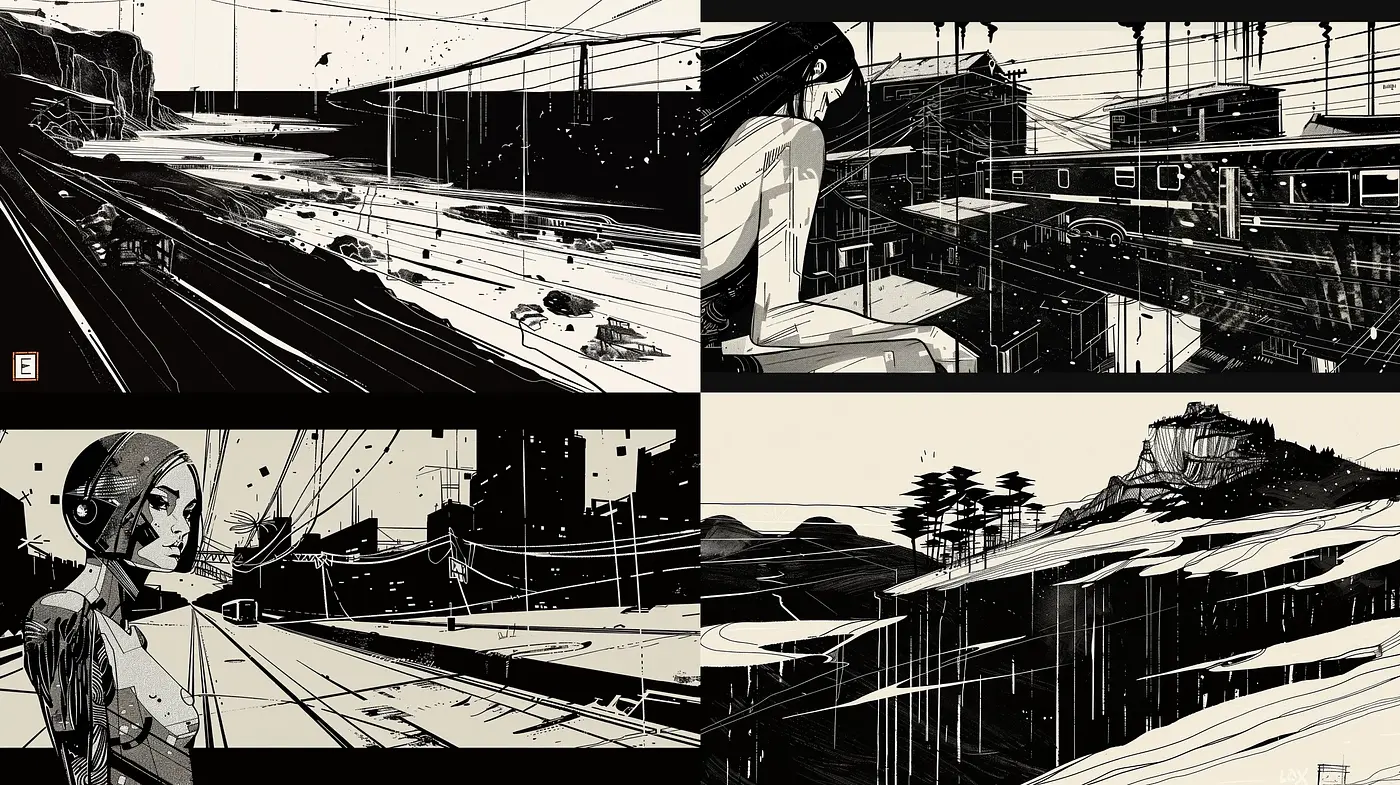Monochromatic Ink Wash Fusion with Hints of Modernity - Midjourney sref style