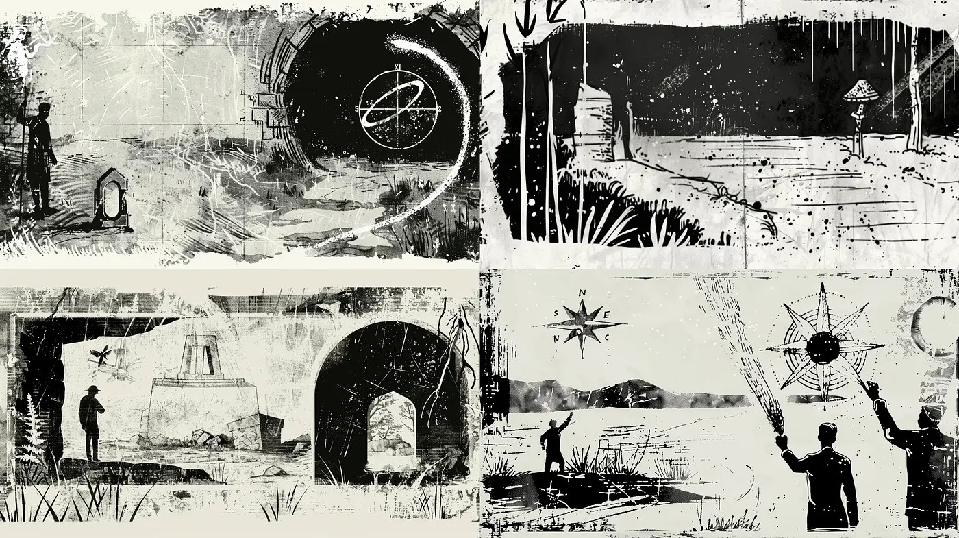 Monochromatic Narrative: A Stylized Ink Sketch Journey - Midjourney sref style