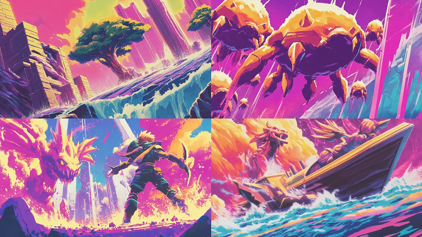 Vibrant Dynamic Escapism in a Synthwave-Inspired Dreamscape - Midjourney sref style