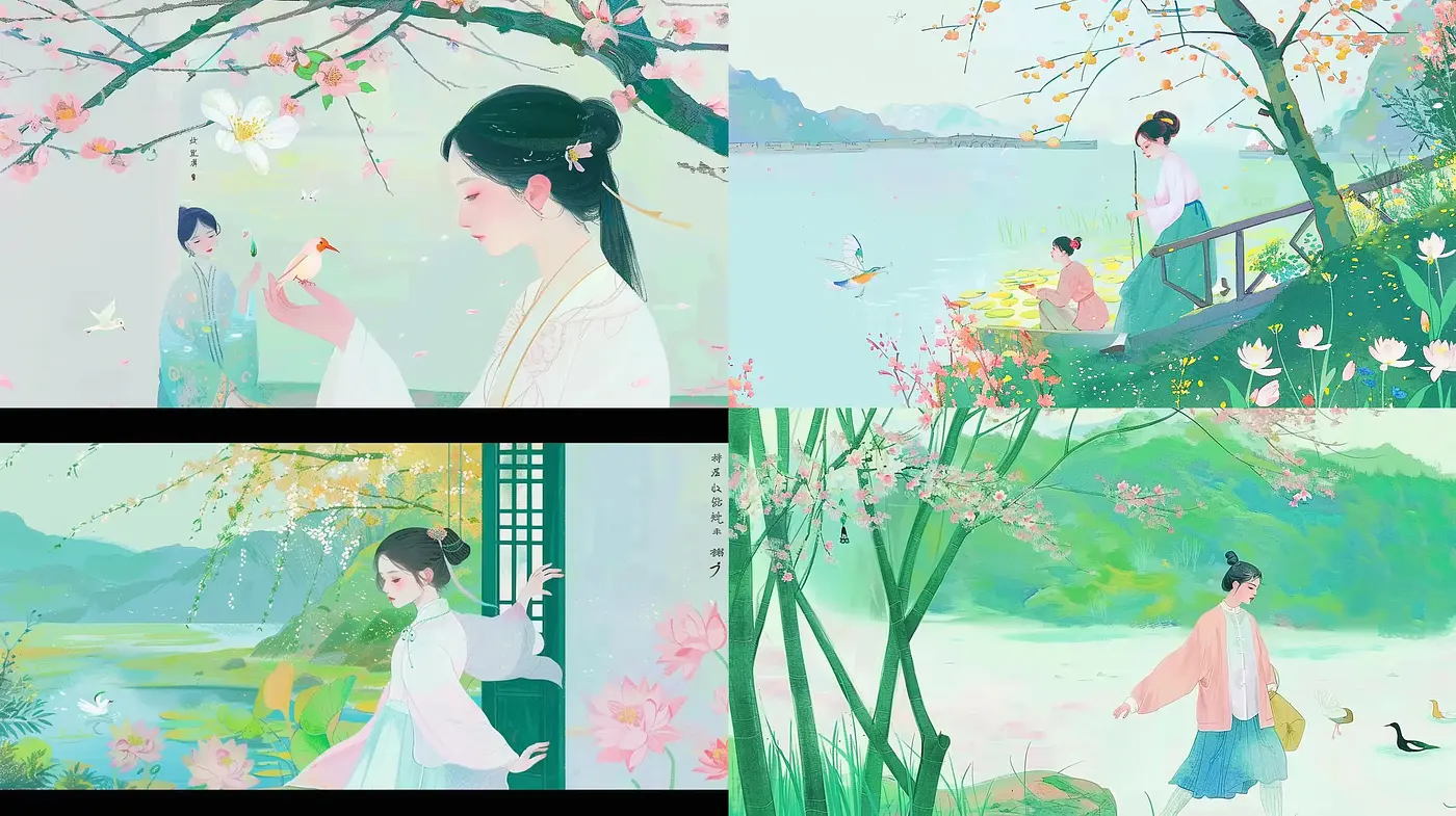 Tranquil Pastoral Elegance in a Modern East Asian Watercolor Aesthetic - Midjourney sref style