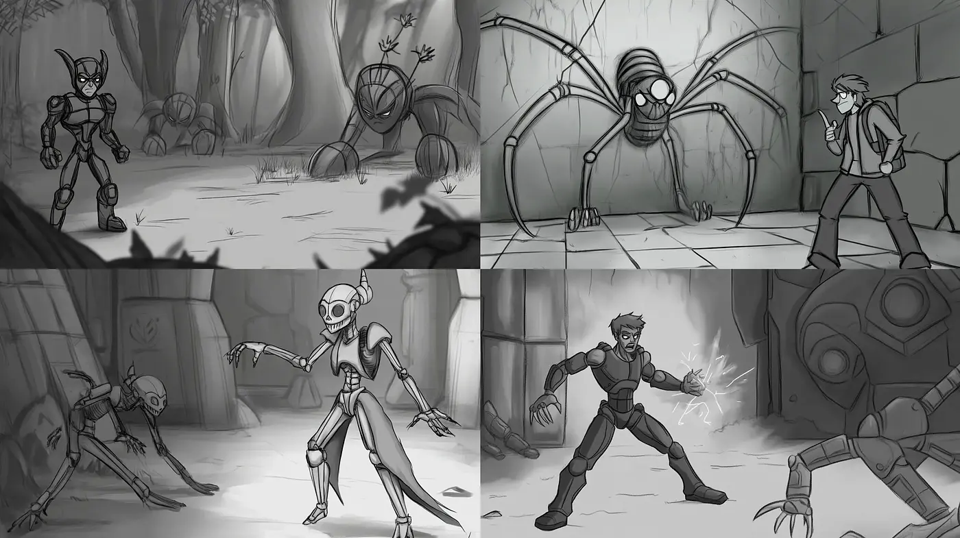 Monochromatic Mechanical Showdown: A Stylized Retro-Futuristic Encounter - Midjourney sref style