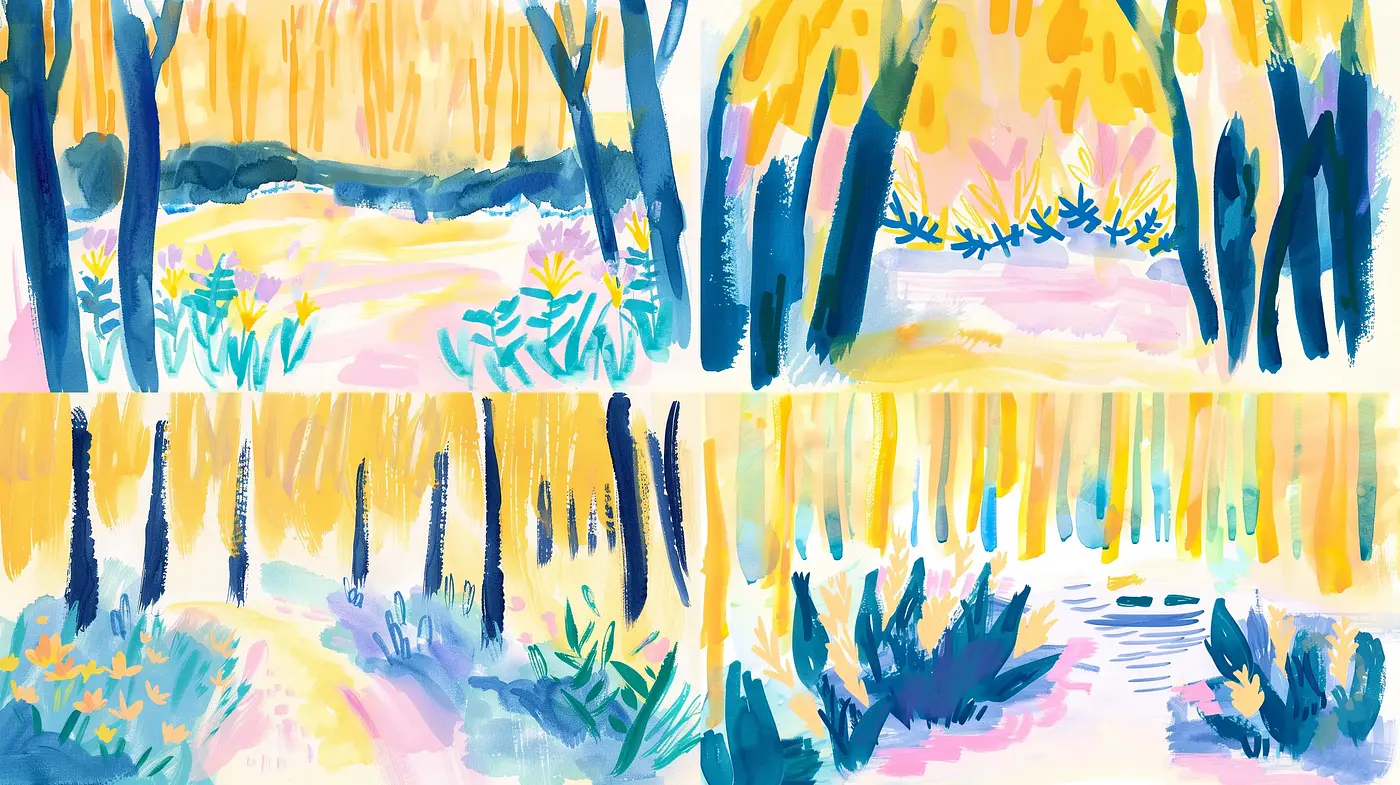 Whimsical Brushstroke Harmony in Pastel Woodland Scenes - Midjourney sref style