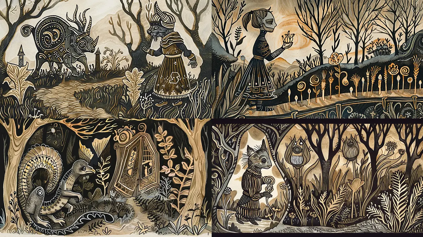 Enigmatic Folktale Illustrations With A Whimsical Monochrome Twist - Midjourney sref style