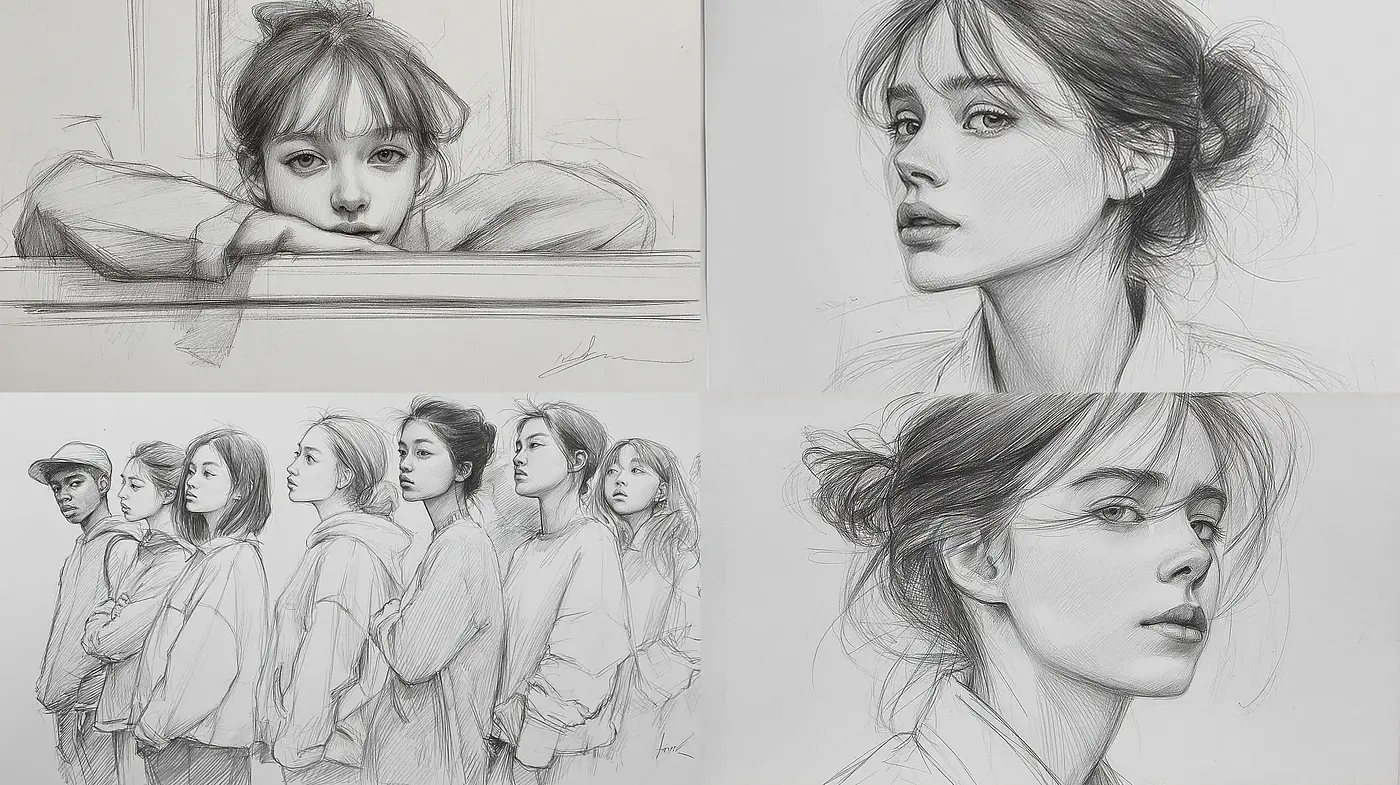 Elegant monochromatic sketches with detailed character expressions and subtle textures - Midjourney sref style