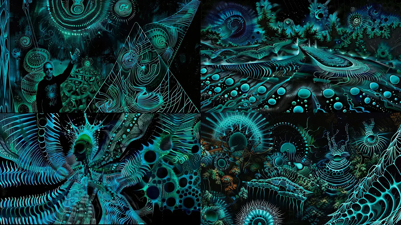 Surreal Aquatic Dreamscape in Hypnotic Bioluminescent Hues - Midjourney sref style