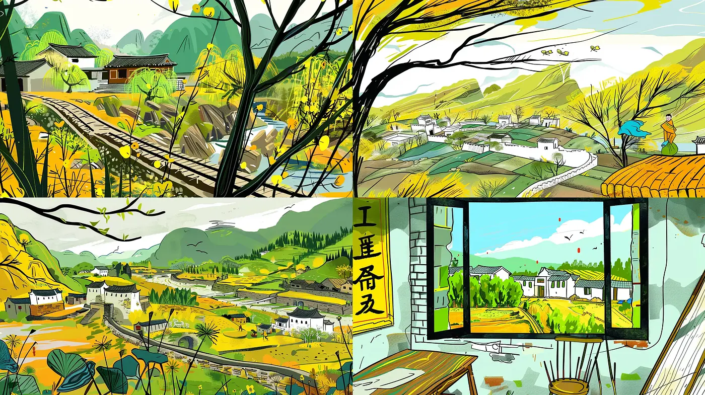 Lively Interpretations of Pastoral Vistas in Stylized Comic Artistry - Midjourney sref style