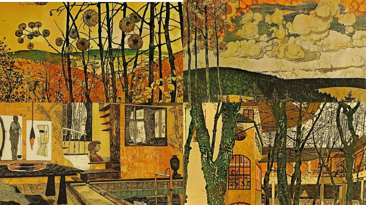 Timeless Amber Hues in Whimsical Landscapes: An Artistic Fusion with Stylized Flora and Dreamy Skies - Midjourney sref style