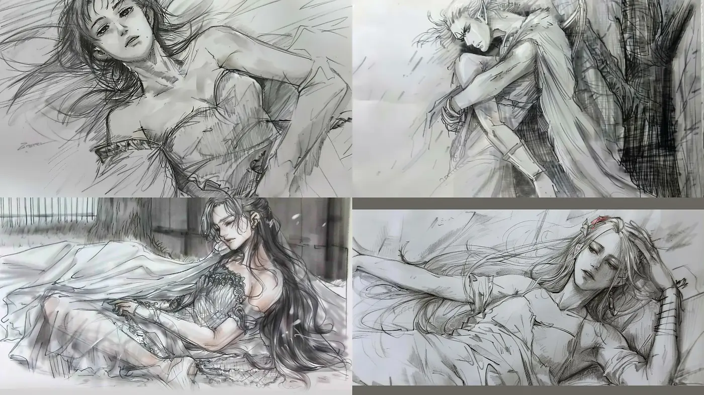 Ethereal Graphite Sketches with a Touch of Elegance and Melancholy - Midjourney sref style