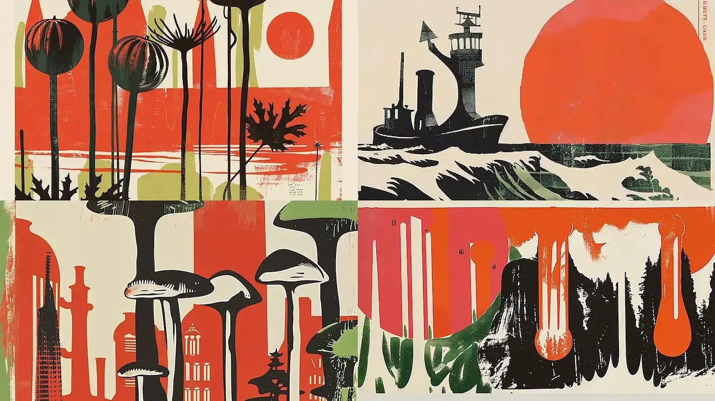 Eclectic Retro Landscape Compositions with Bold Graphics - Midjourney sref style