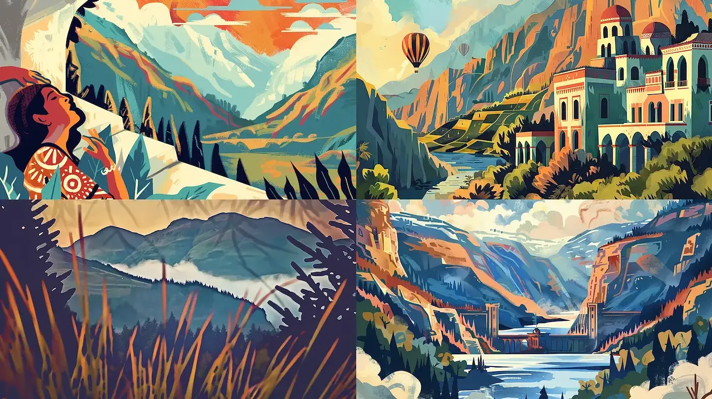 Vibrant Landscape Illustrations with a Whimsical Touch - Midjourney sref style