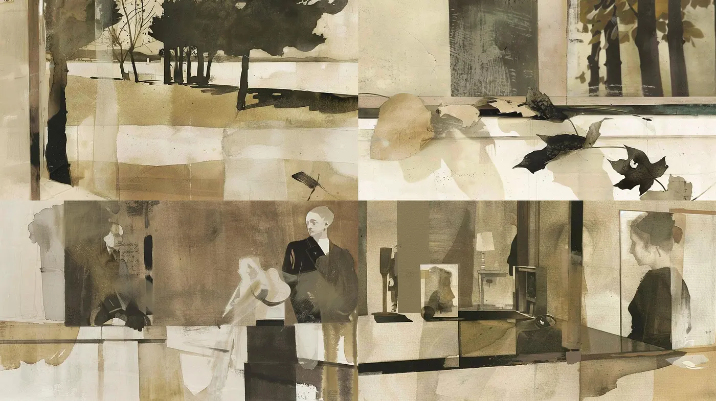 Monochromatic Mosaic of Nostalgia: An Abstract Journey through Sepia and Sable - Midjourney sref style