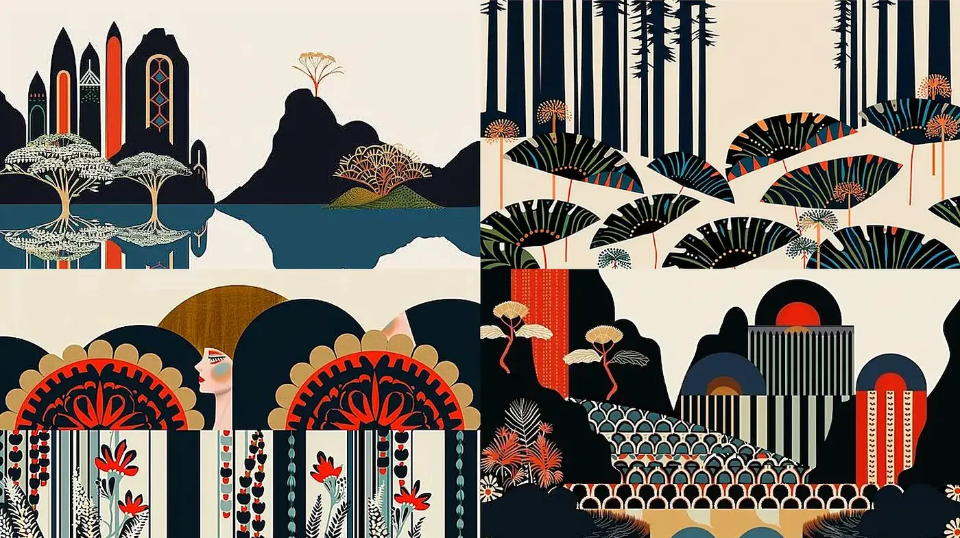 Sophisticated Art Deco Landscape with Nature Elements and Geometric Motifs - Midjourney sref style