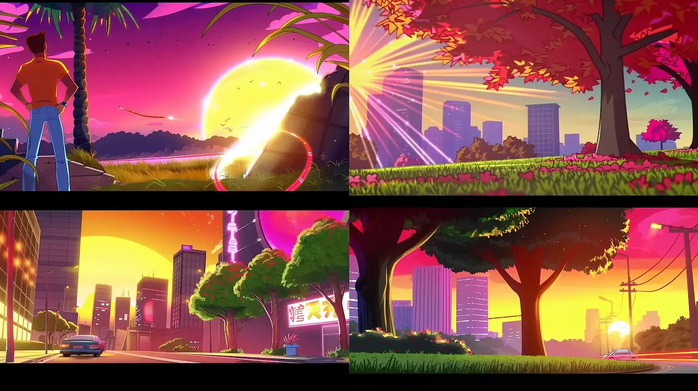Vibrant and Dreamlike Sunset Scenes in a Retro-Futuristic Style - Midjourney sref style