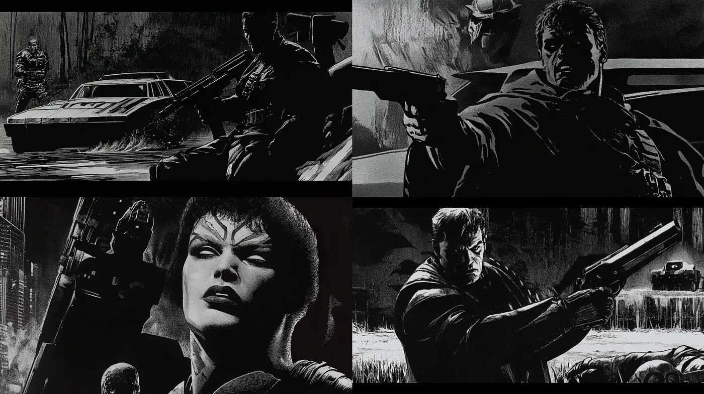 Monochromatic Noir Reflections in Stylized Illustration - Midjourney sref style