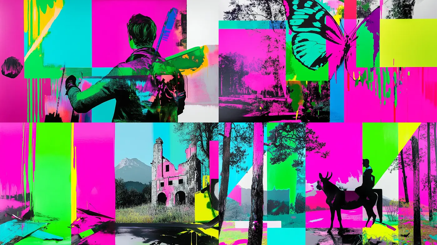 Electric Neon Collage: A Fusion of Vivid Contrasts and Surreal Compositions - Midjourney sref style