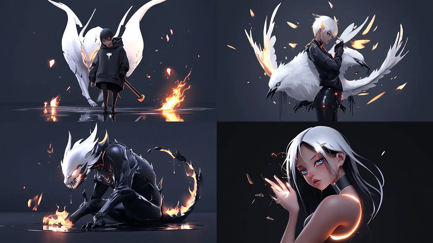 Ethereal Flames and Monochrome Elegance: A Study in Stark Contrasts and Fluid Lines - Midjourney sref style