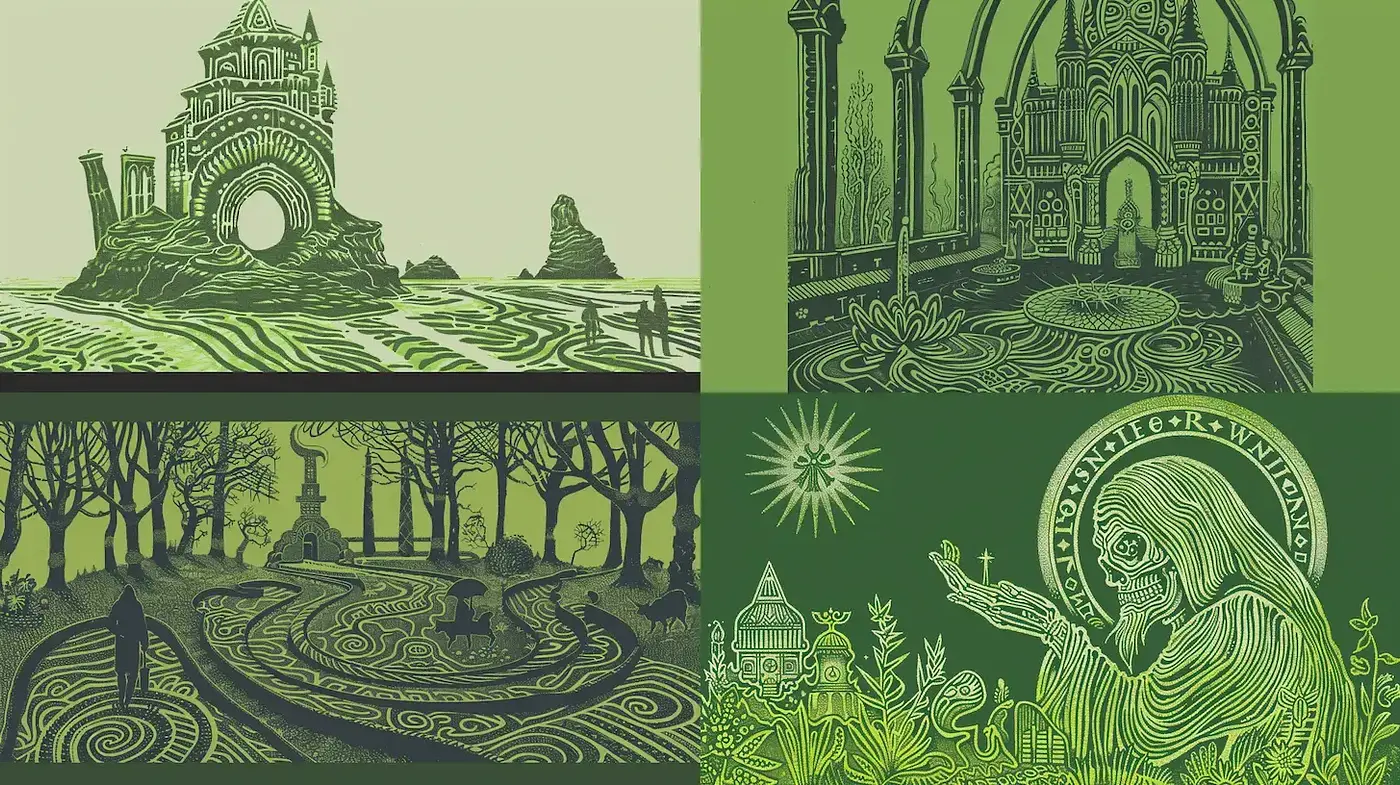 Intricate Green Landscapes with Enigmatic Atmosphere and Detailed Line Work - Midjourney sref style