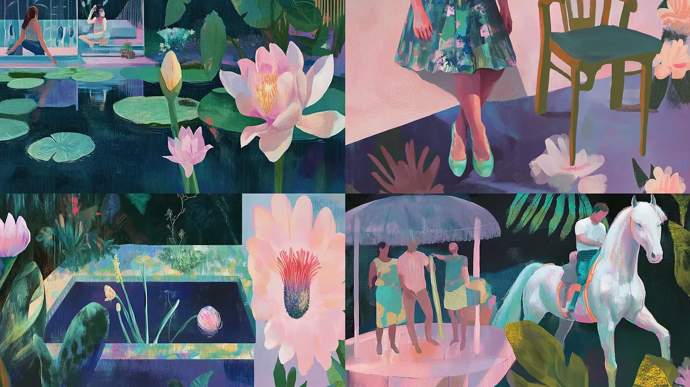 Pastel Dreamscape of Serene Florals and Idyllic Scenes - Midjourney sref style