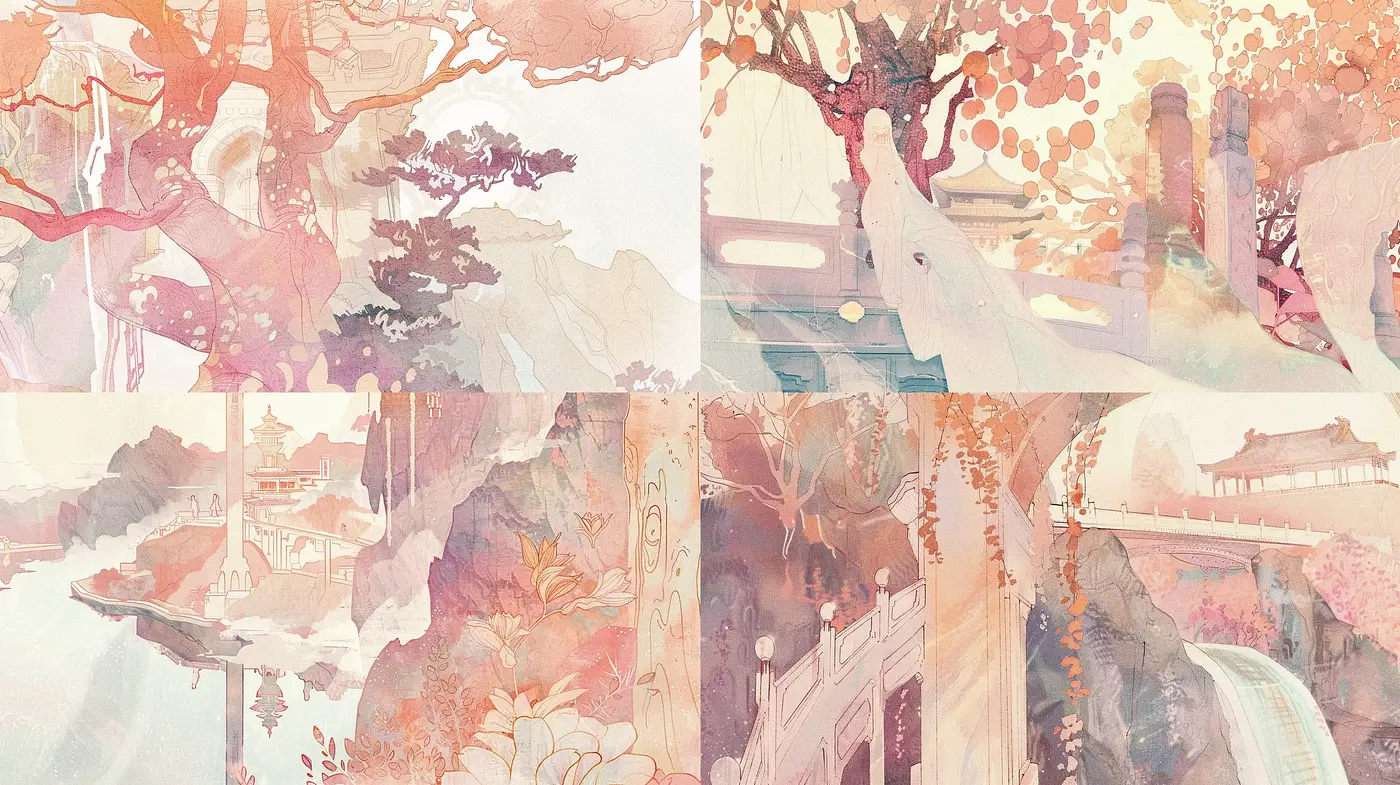 Whimsical Pastel Dreamscape with Ethereal Watercolor Influence - Midjourney sref style